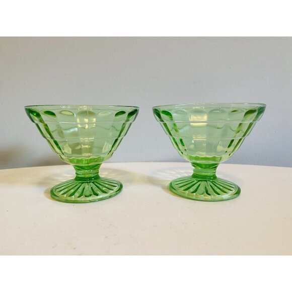 Anchor Hocking Block Optic Sherbet Dish x 2 Uranium Glass Vaseline Dish - Picture 10 of 10